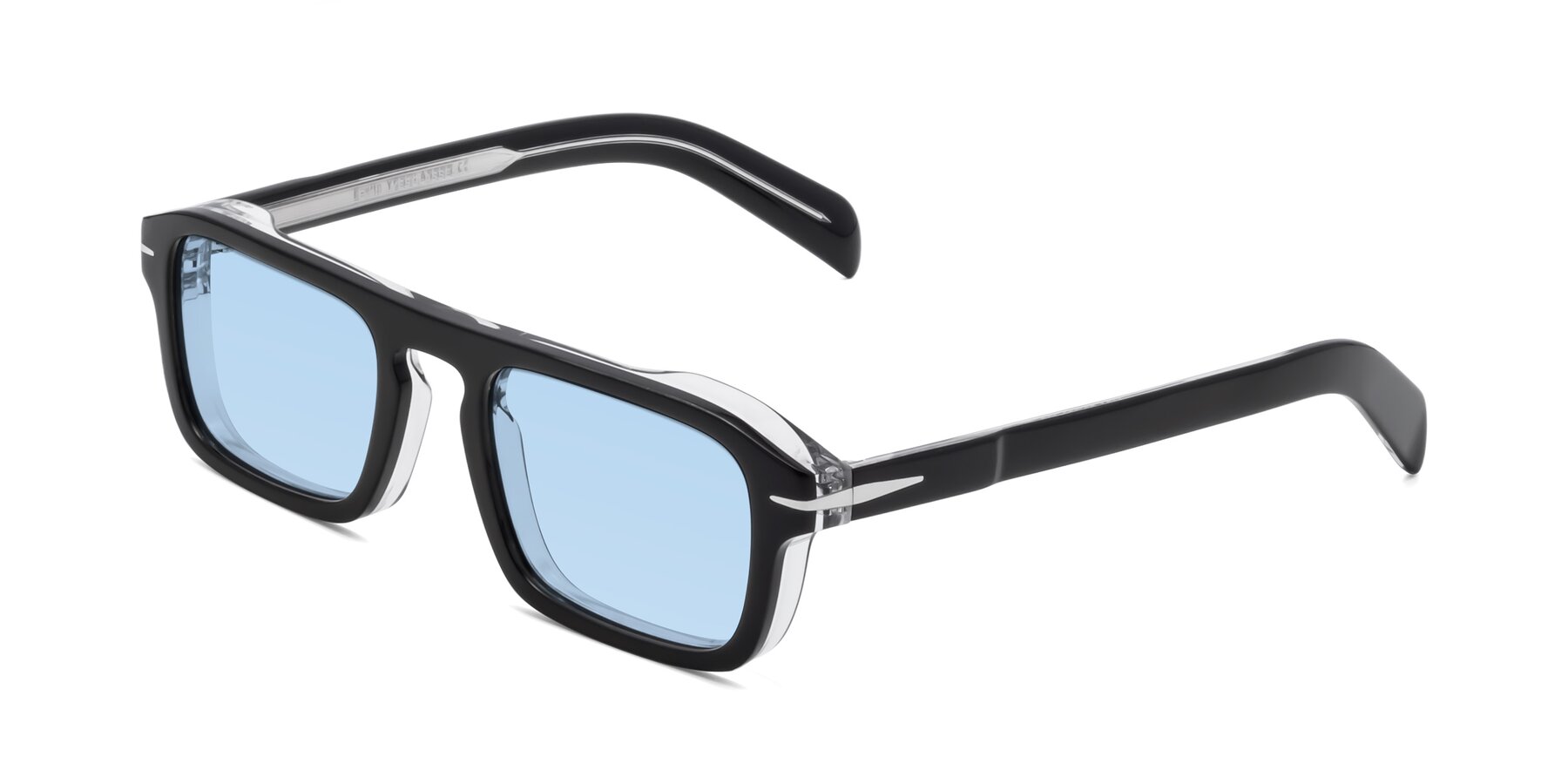 Angle of Evette in Black-Clear with Light Blue Tinted Lenses