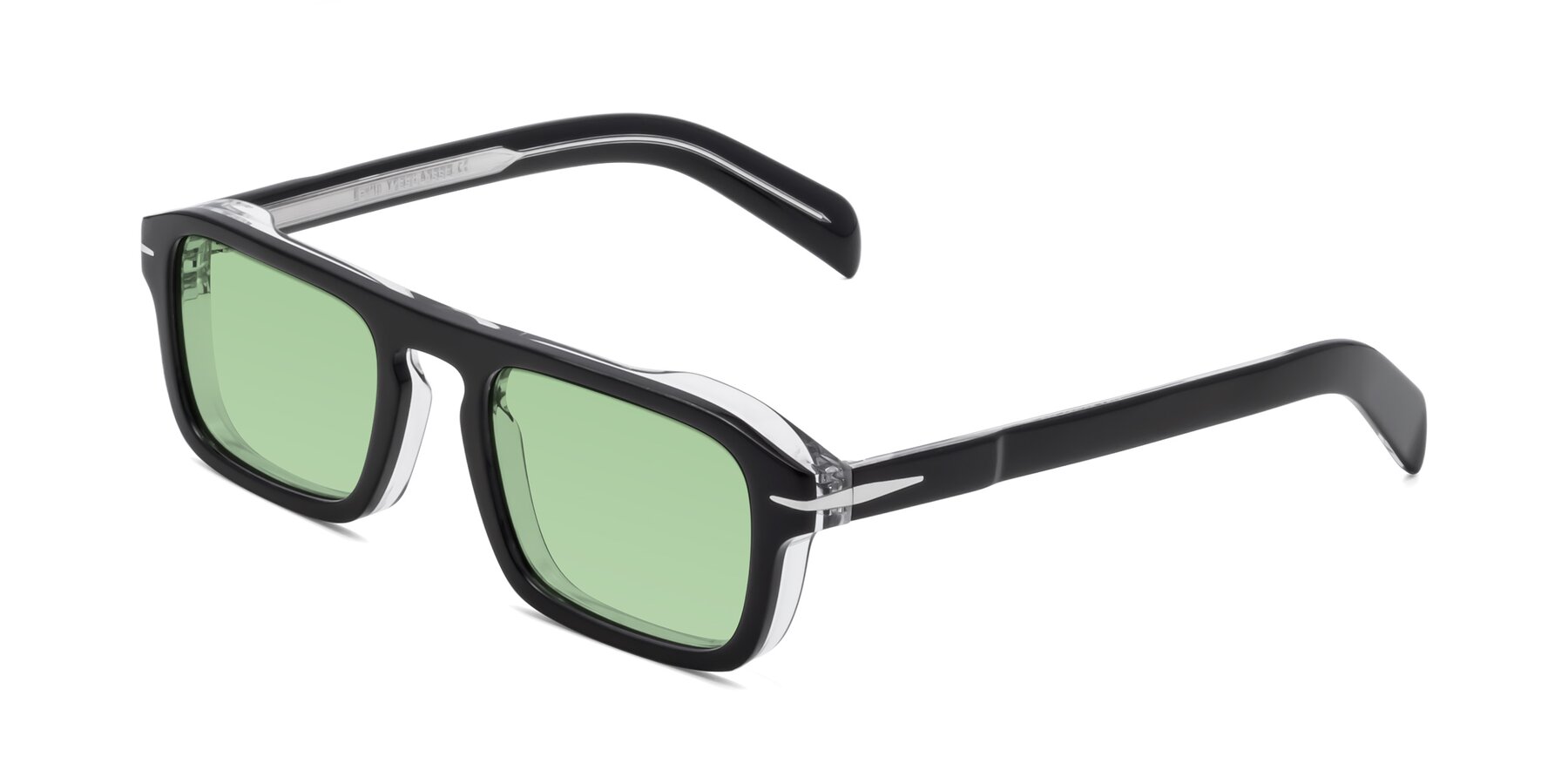 Angle of Evette in Black-Clear with Medium Green Tinted Lenses