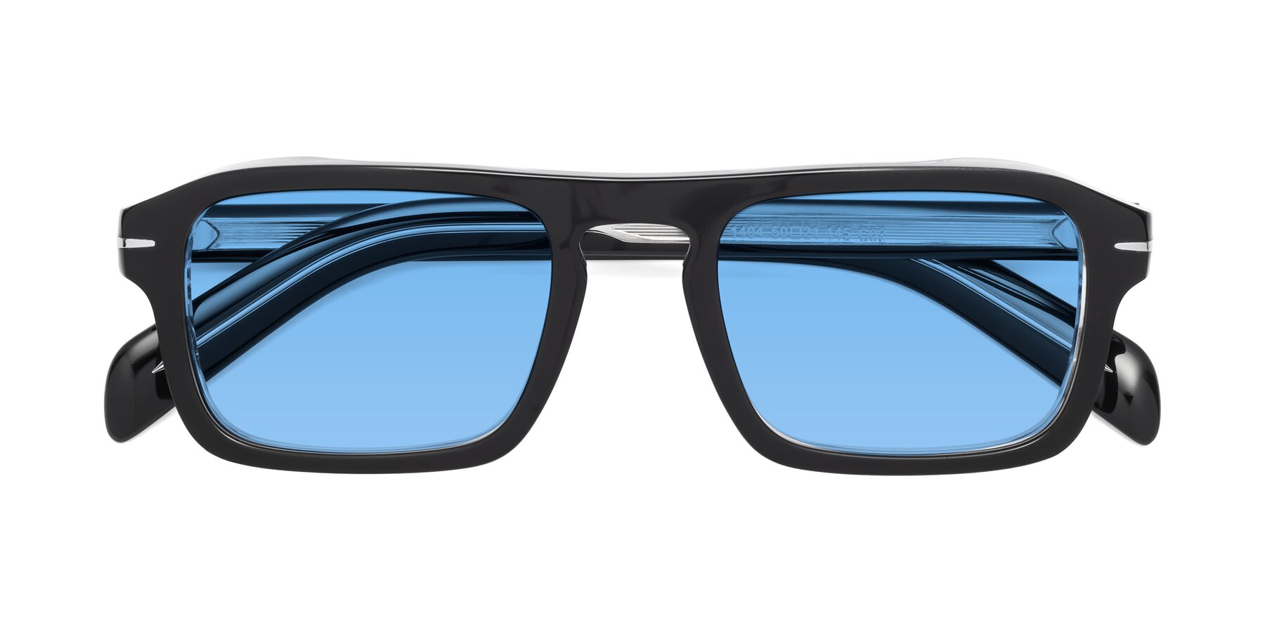 Folded Front of Evette in Black-Clear with Medium Blue Tinted Lenses