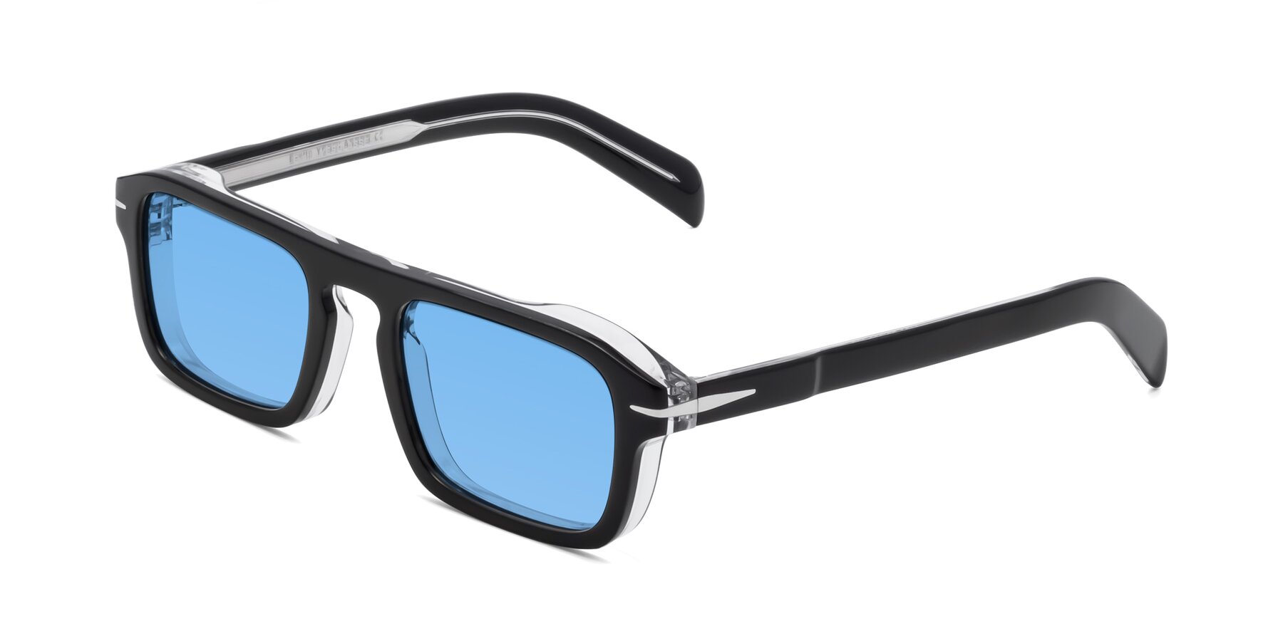 Angle of Evette in Black-Clear with Medium Blue Tinted Lenses