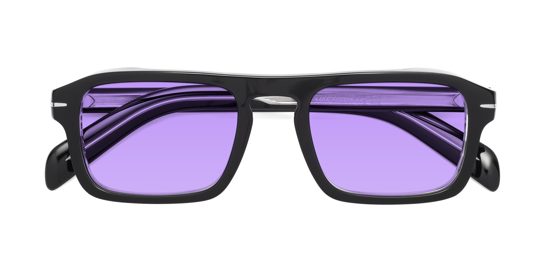 Folded Front of Evette in Black-Clear with Medium Purple Tinted Lenses