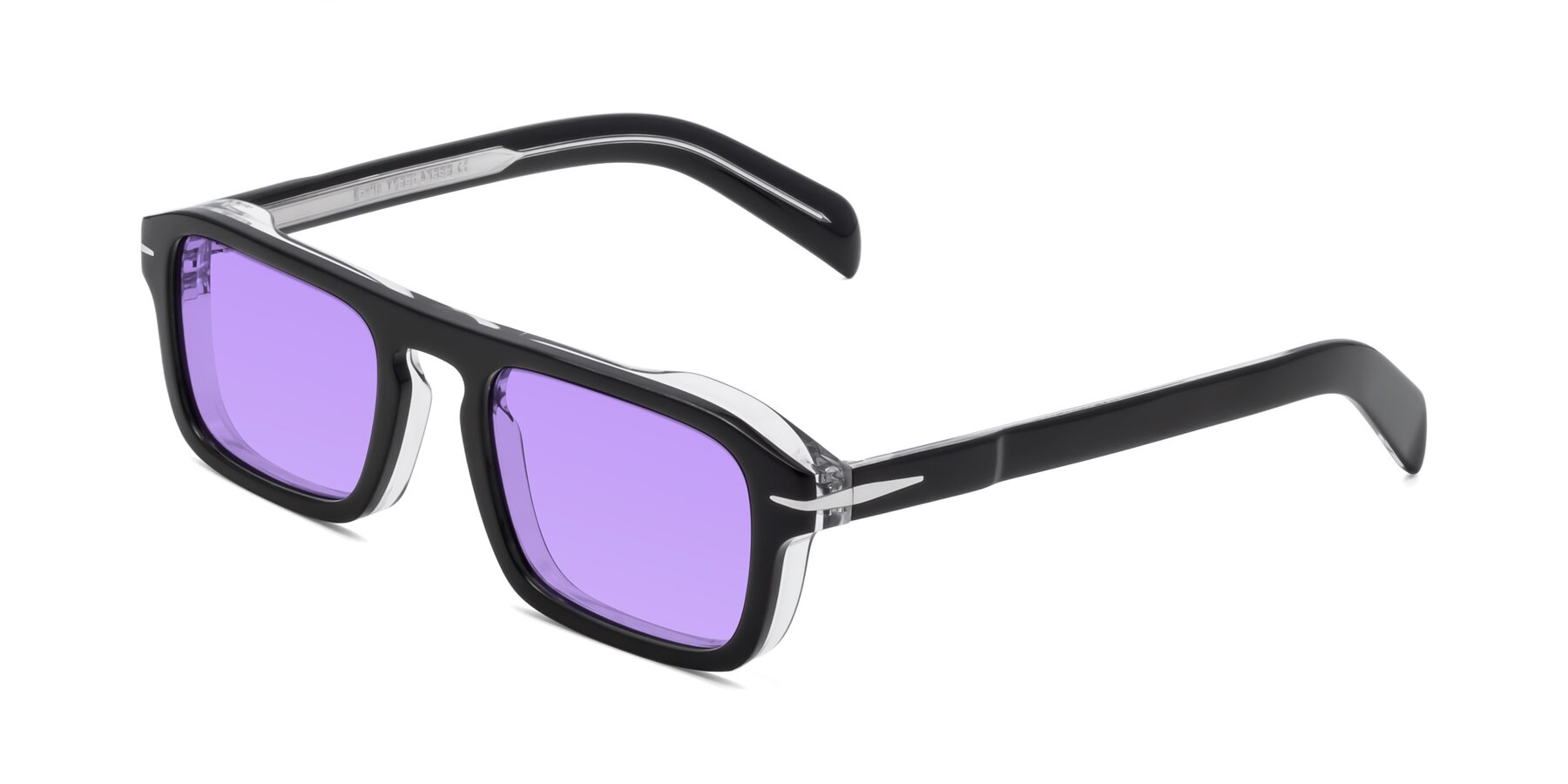 Angle of Evette in Black-Clear with Medium Purple Tinted Lenses