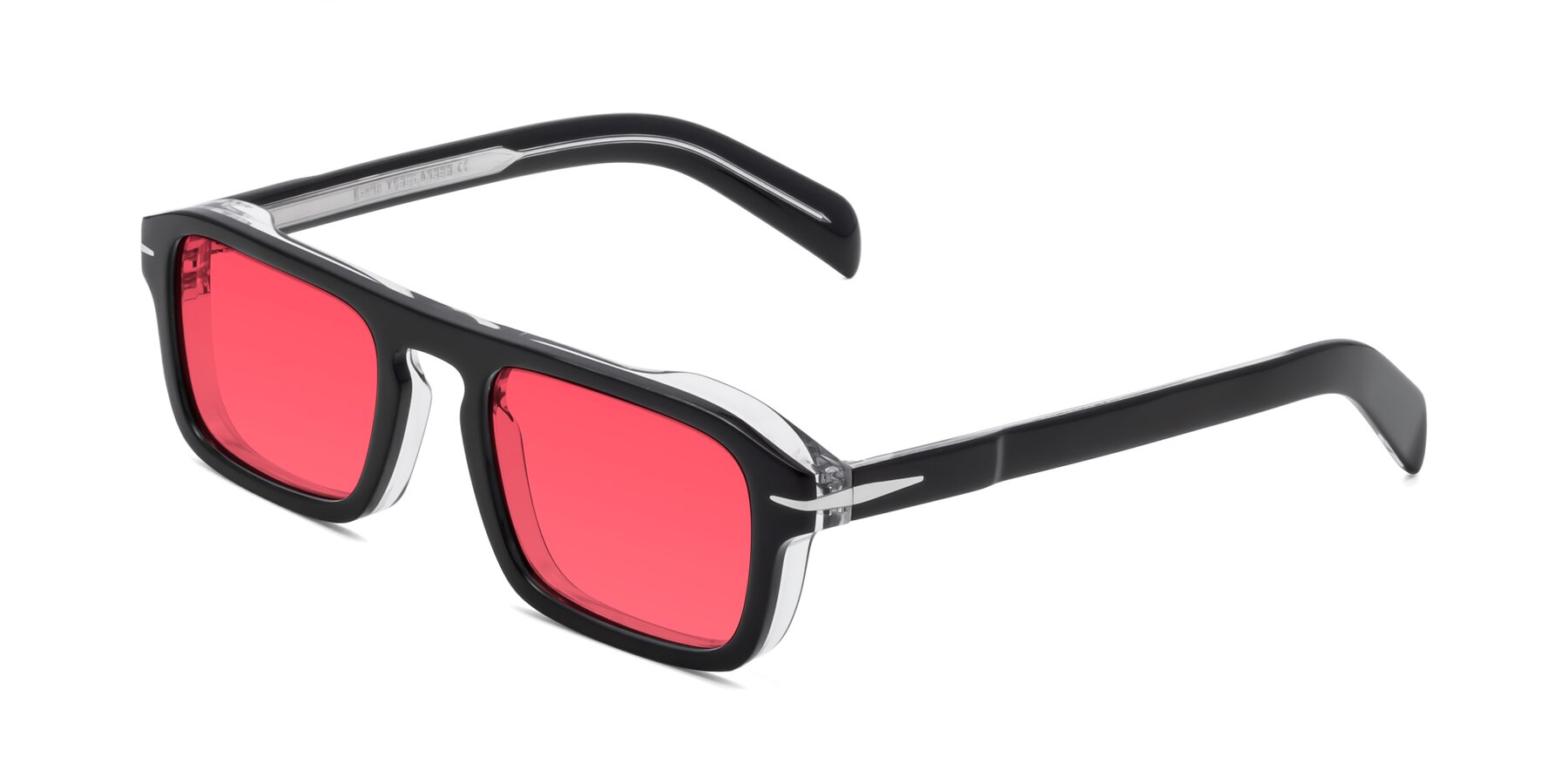 Angle of Evette in Black-Clear with Red Tinted Lenses