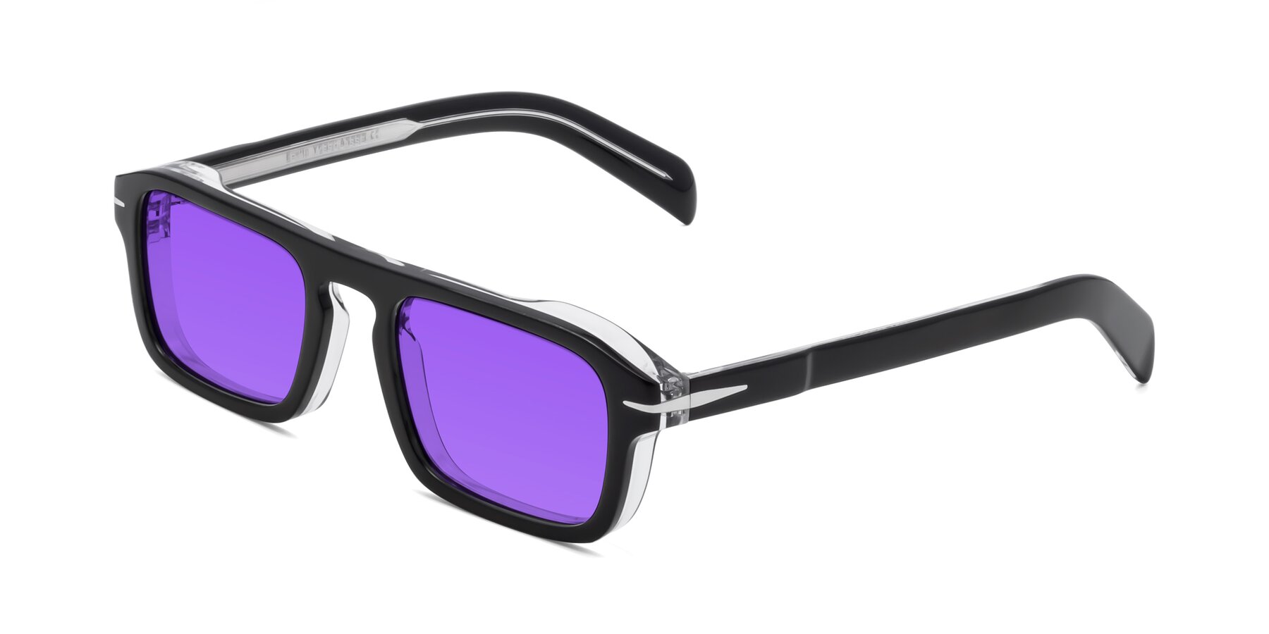 Angle of Evette in Black-Clear with Purple Tinted Lenses