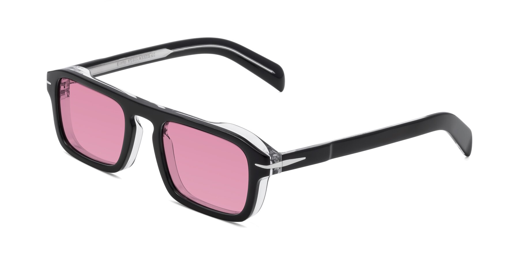 Angle of Evette in Black-Clear with Medium Wine Tinted Lenses