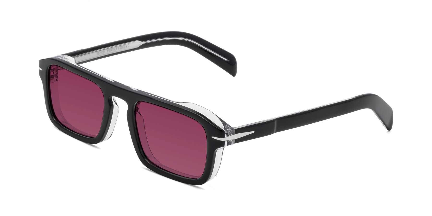 Angle of Evette in Black-Clear with Wine Tinted Lenses