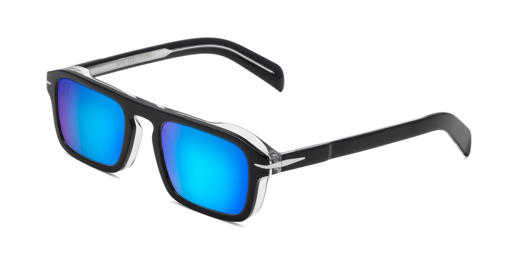 Angle of Evette in Black-Clear with Blue Mirrored Lenses