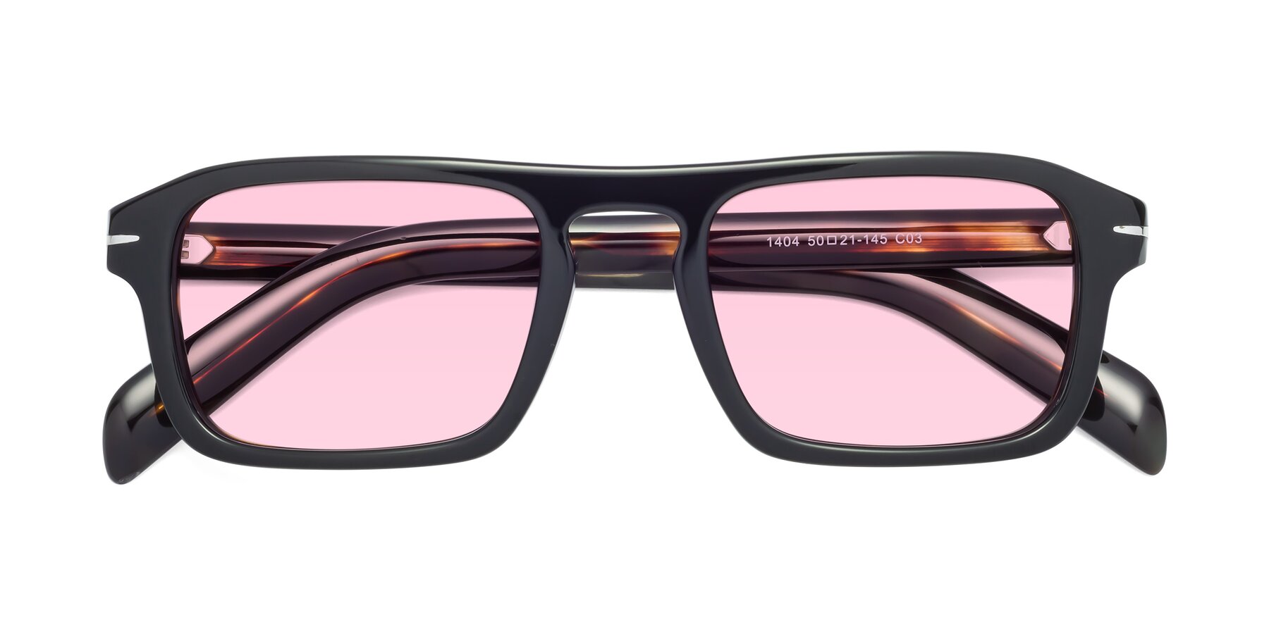 Folded Front of Evette in Black-Tortoise with Light Pink Tinted Lenses