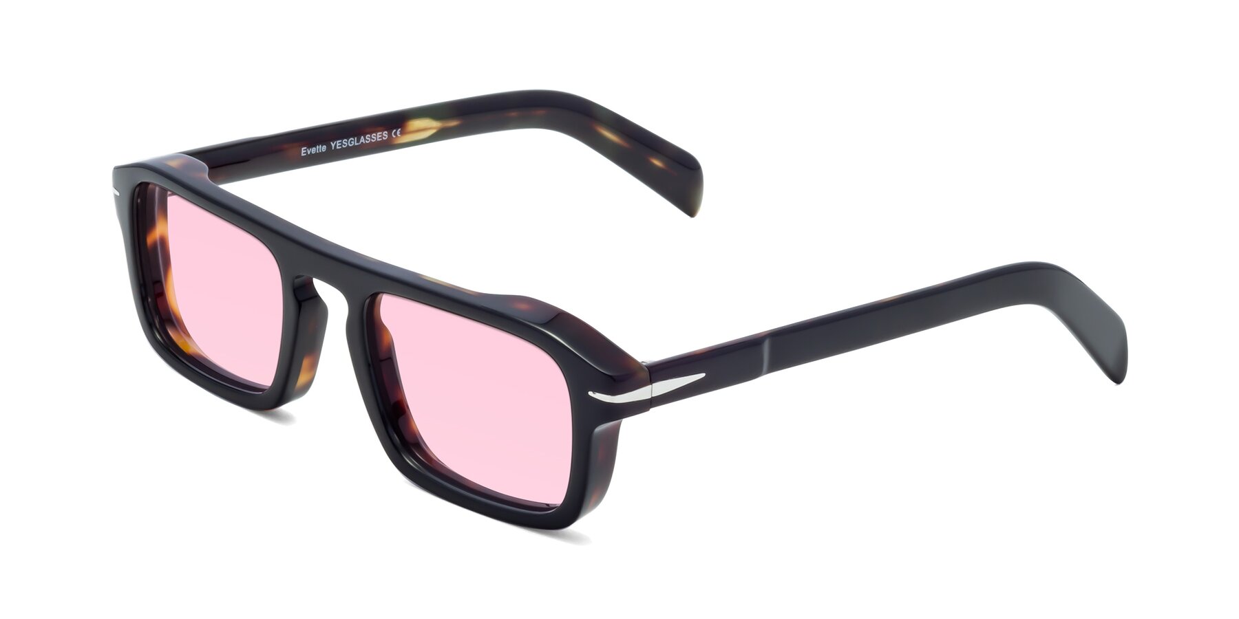 Angle of Evette in Black-Tortoise with Light Pink Tinted Lenses