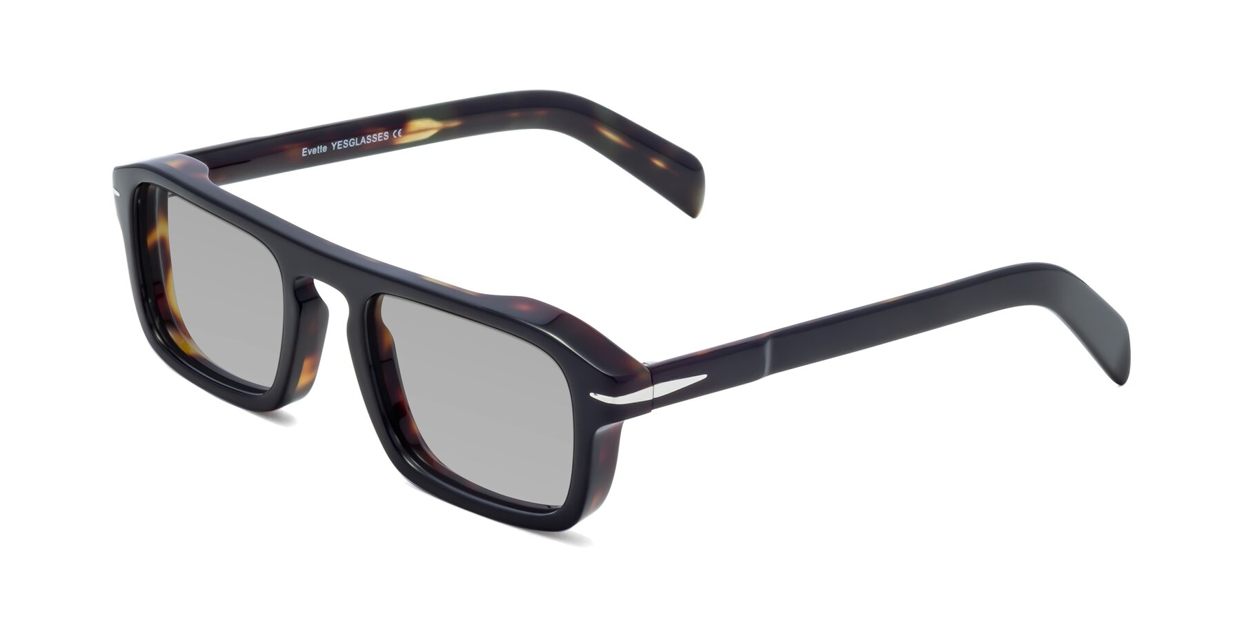 Angle of Evette in Black-Tortoise with Light Gray Tinted Lenses
