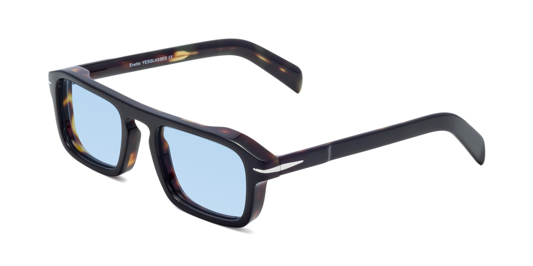 Angle of Evette in Black-Tortoise with Light Blue Tinted Lenses