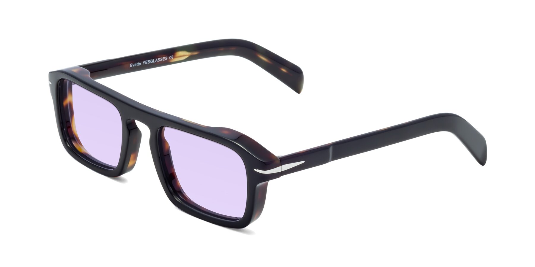 Angle of Evette in Black-Tortoise with Light Purple Tinted Lenses
