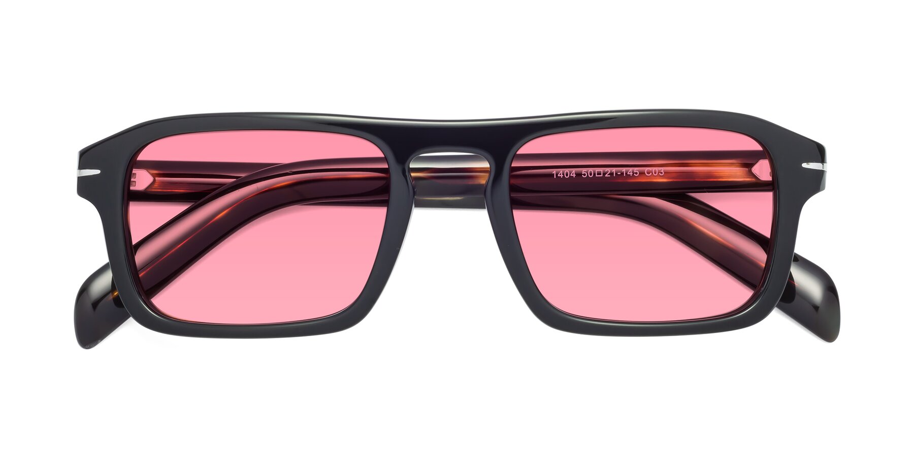Folded Front of Evette in Black-Tortoise with Pink Tinted Lenses