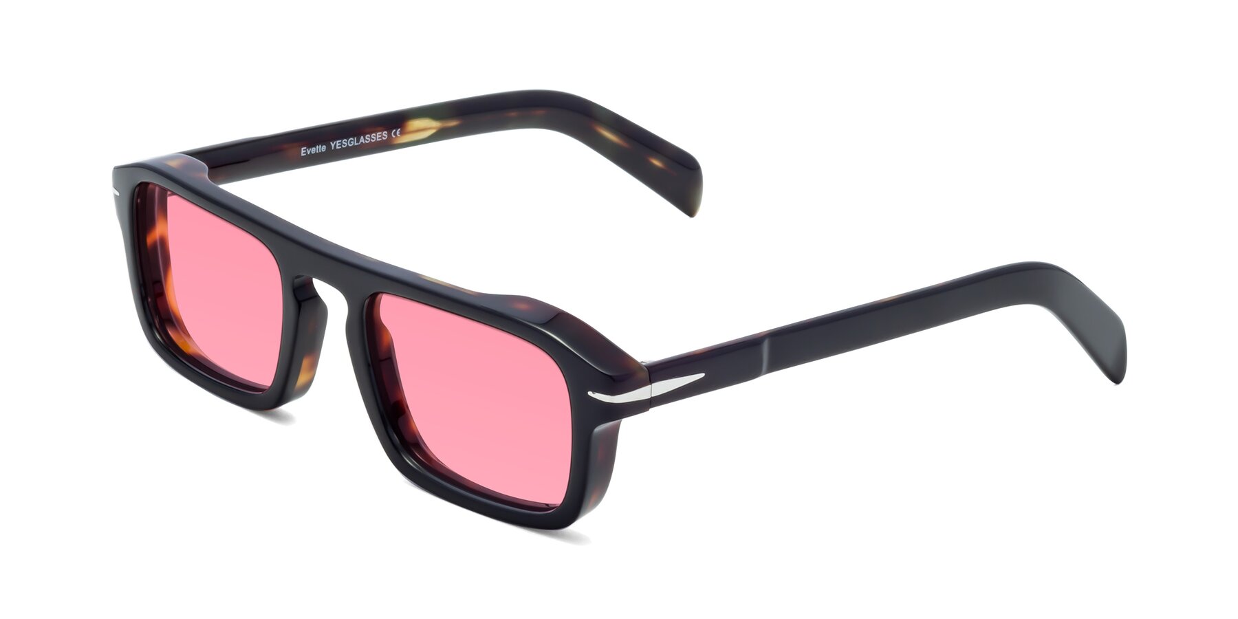 Angle of Evette in Black-Tortoise with Pink Tinted Lenses