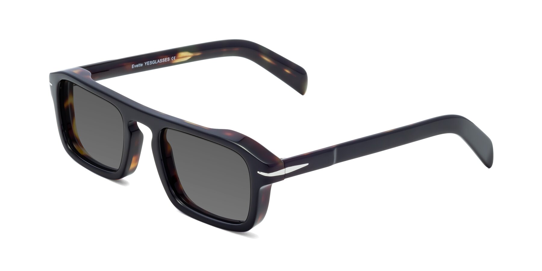 Angle of Evette in Black-Tortoise with Medium Gray Tinted Lenses