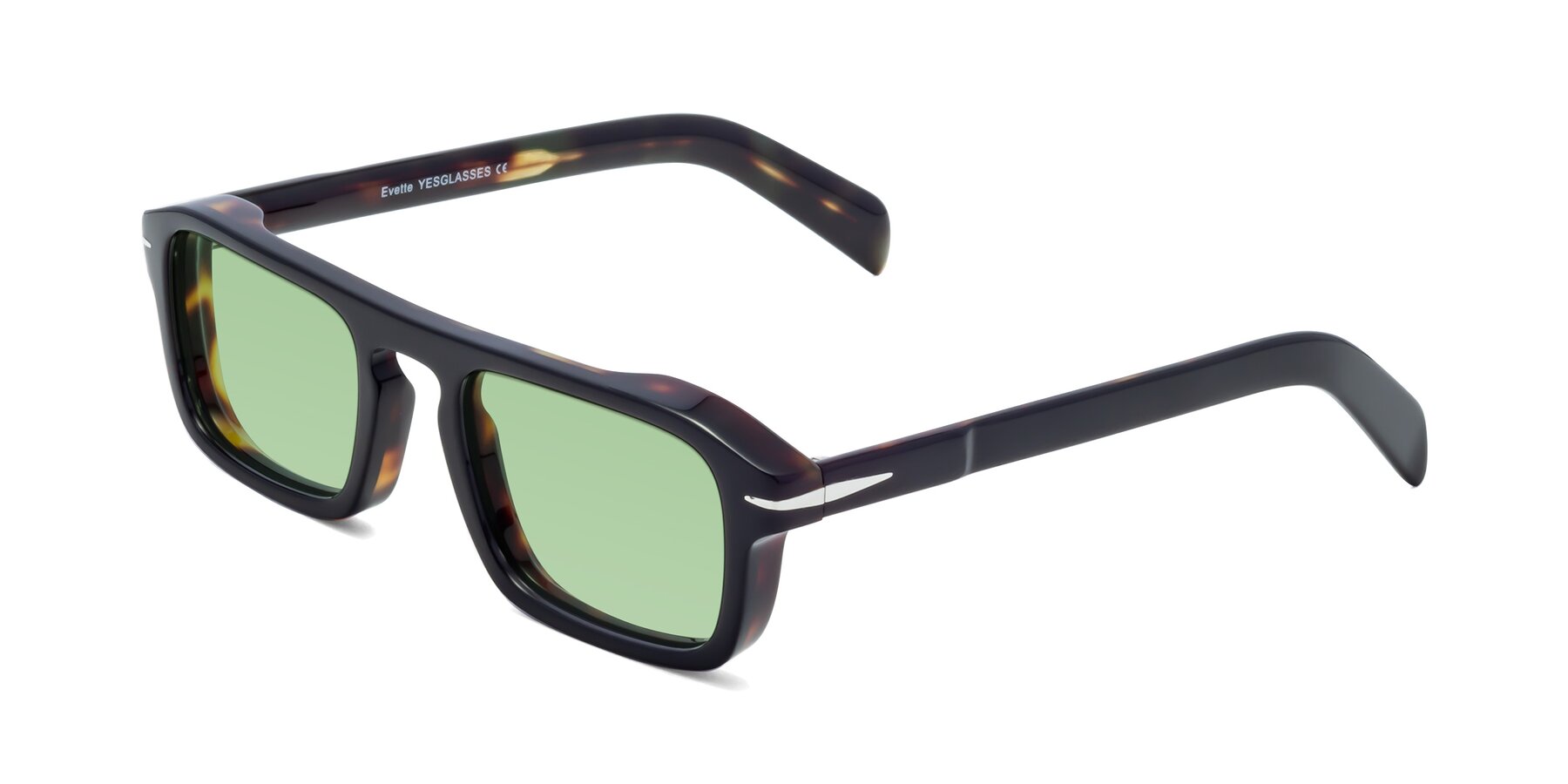 Angle of Evette in Black-Tortoise with Medium Green Tinted Lenses