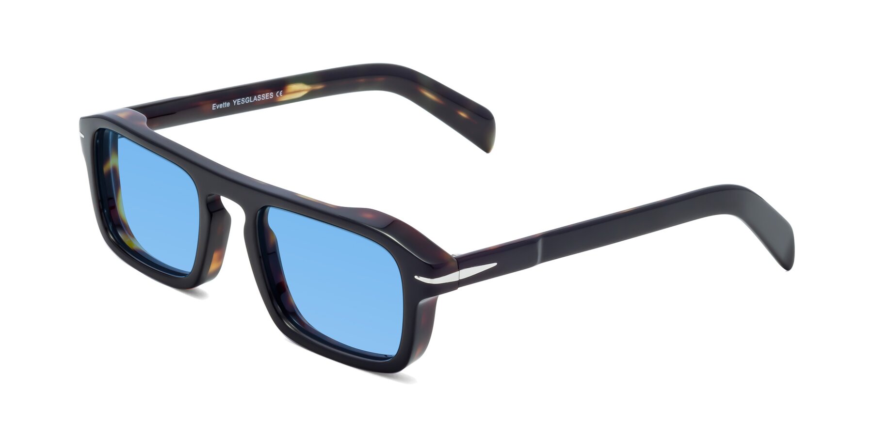 Angle of Evette in Black-Tortoise with Medium Blue Tinted Lenses