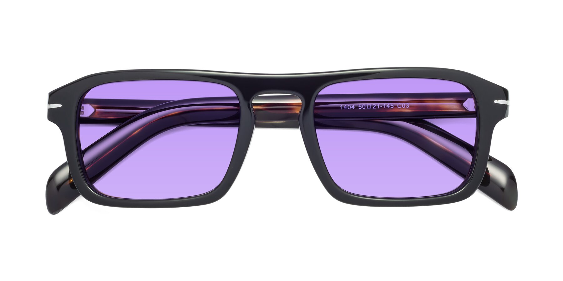 Folded Front of Evette in Black-Tortoise with Medium Purple Tinted Lenses