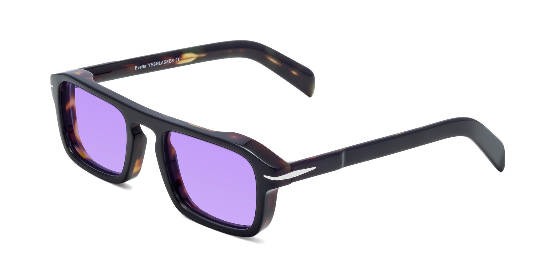 Angle of Evette in Black-Tortoise with Medium Purple Tinted Lenses
