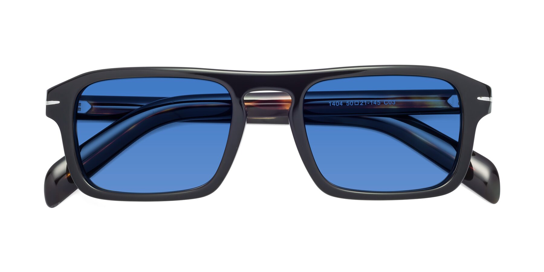 Folded Front of Evette in Black-Tortoise with Blue Tinted Lenses