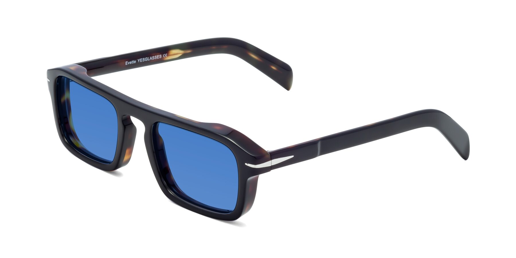 Angle of Evette in Black-Tortoise with Blue Tinted Lenses