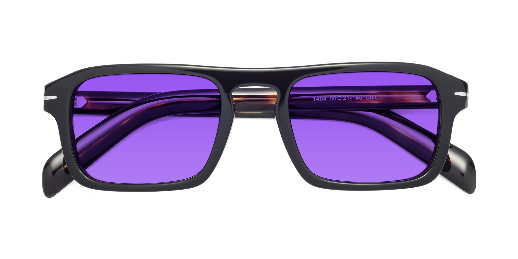 Folded Front of Evette in Black-Tortoise with Purple Tinted Lenses