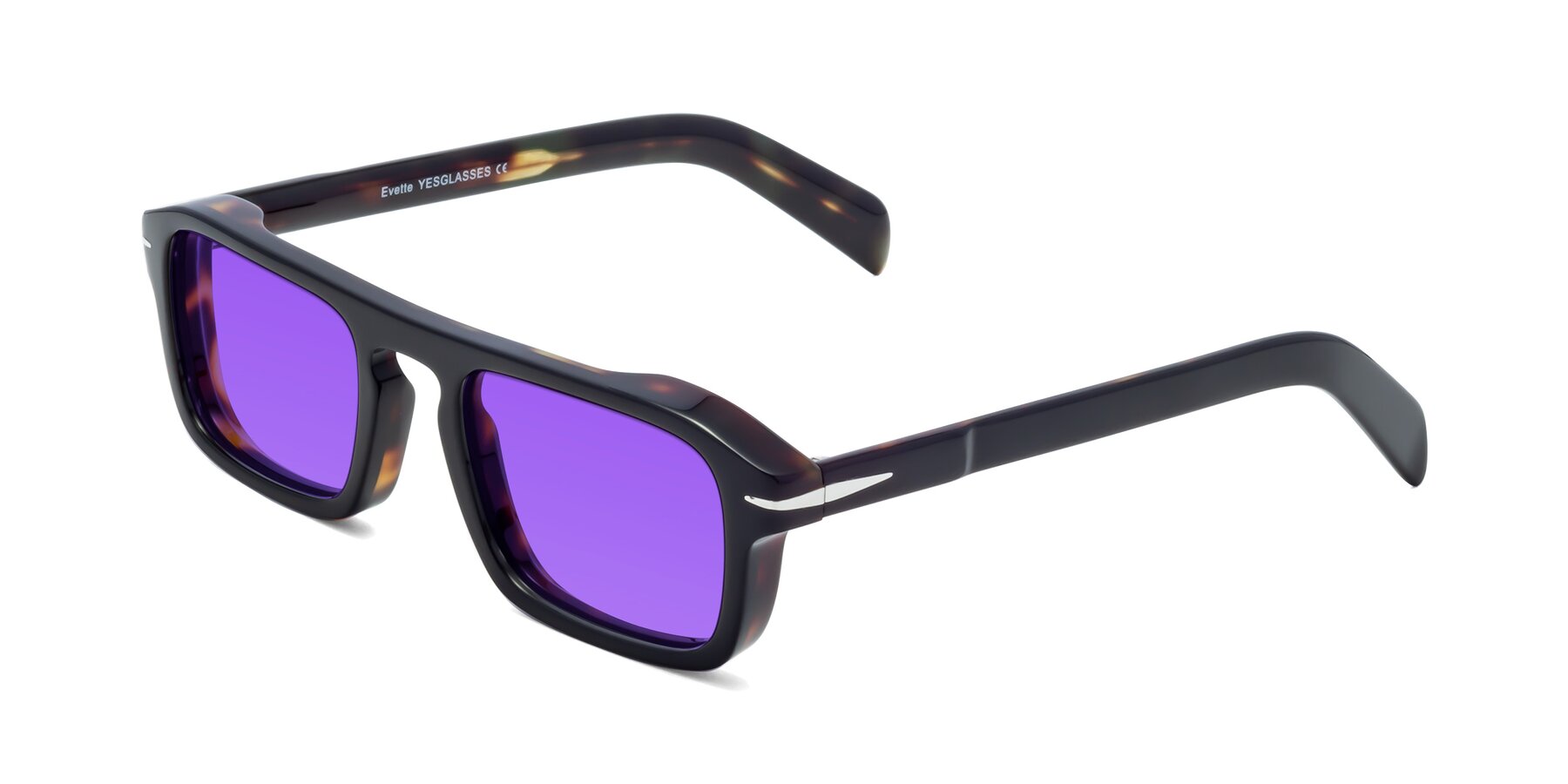 Angle of Evette in Black-Tortoise with Purple Tinted Lenses