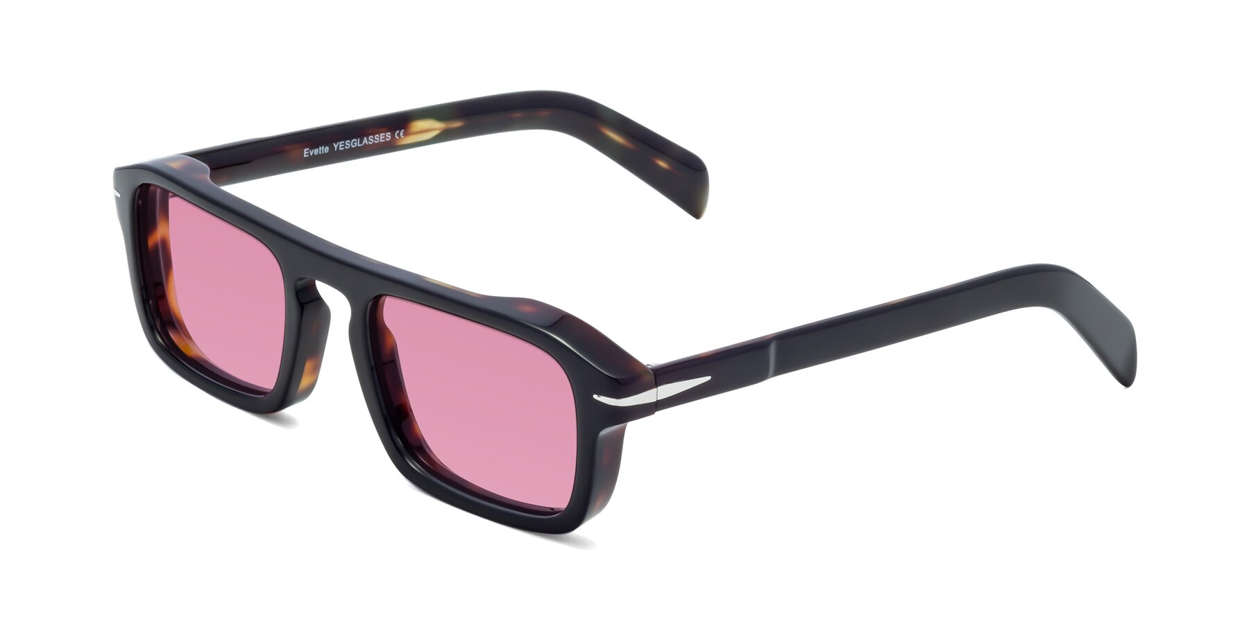 Angle of Evette in Black-Tortoise with Medium Wine Tinted Lenses