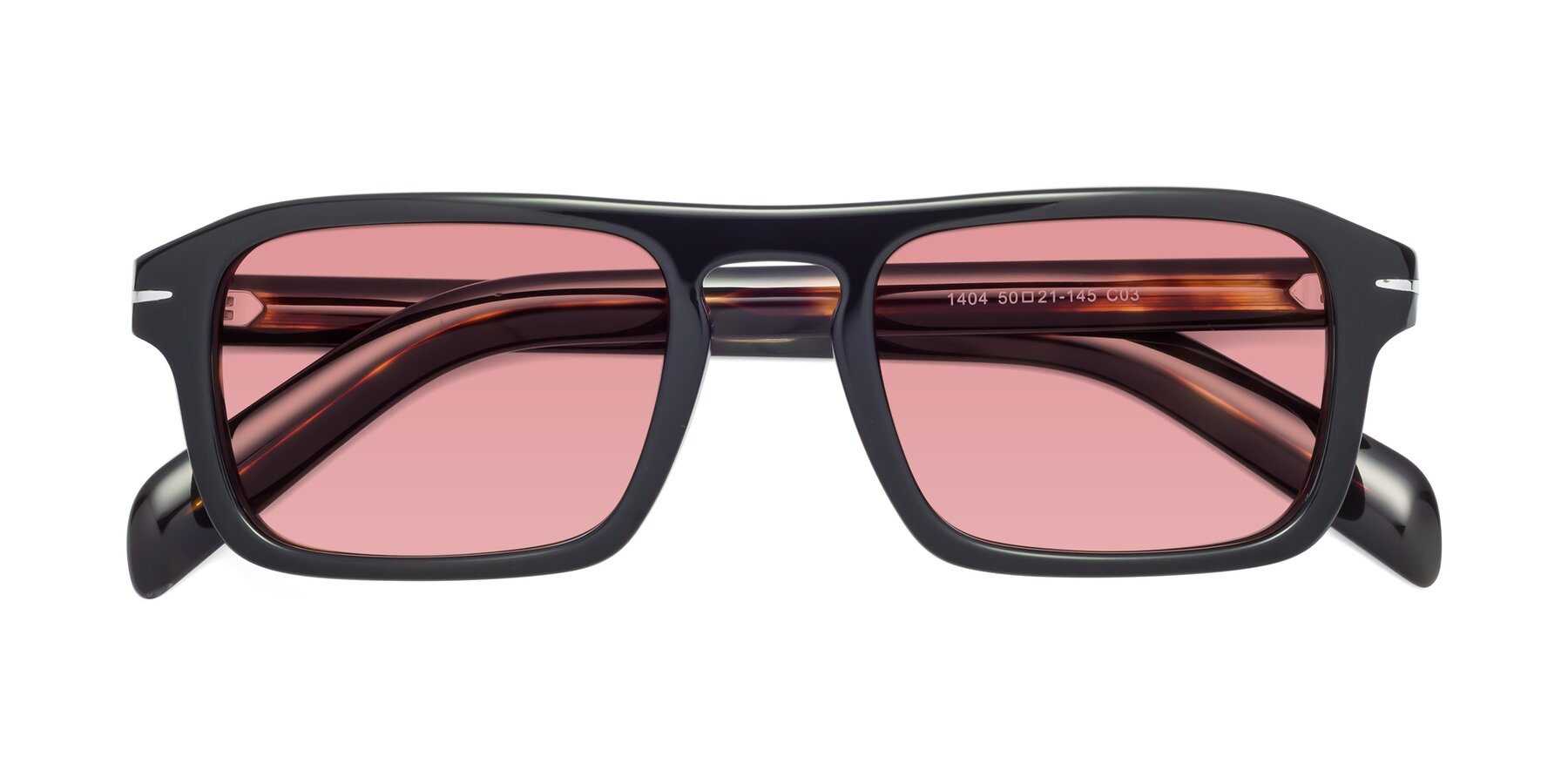 Folded Front of Evette in Black-Tortoise with Medium Garnet Tinted Lenses