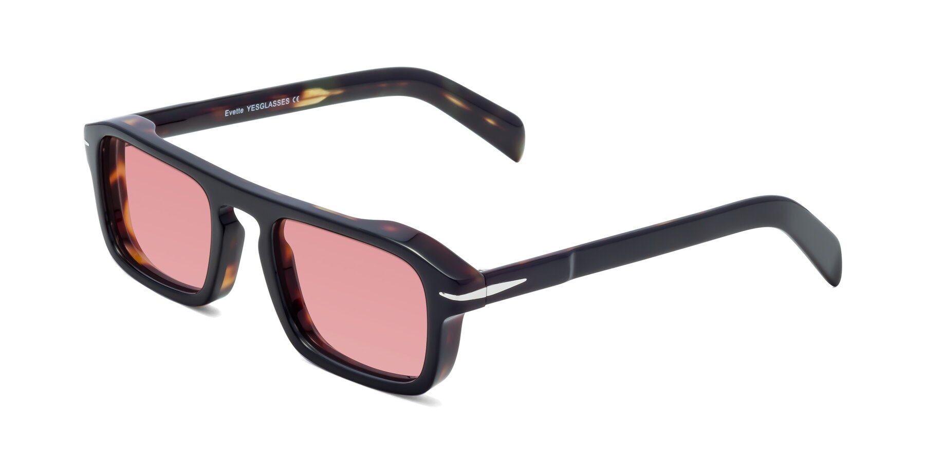 Angle of Evette in Black-Tortoise with Medium Garnet Tinted Lenses