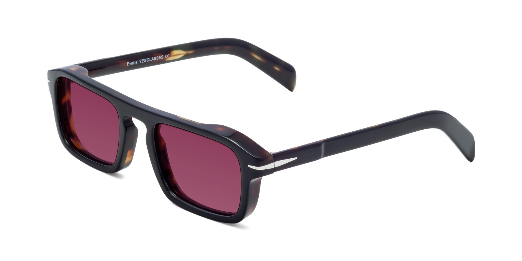 Angle of Evette in Black-Tortoise with Wine Tinted Lenses