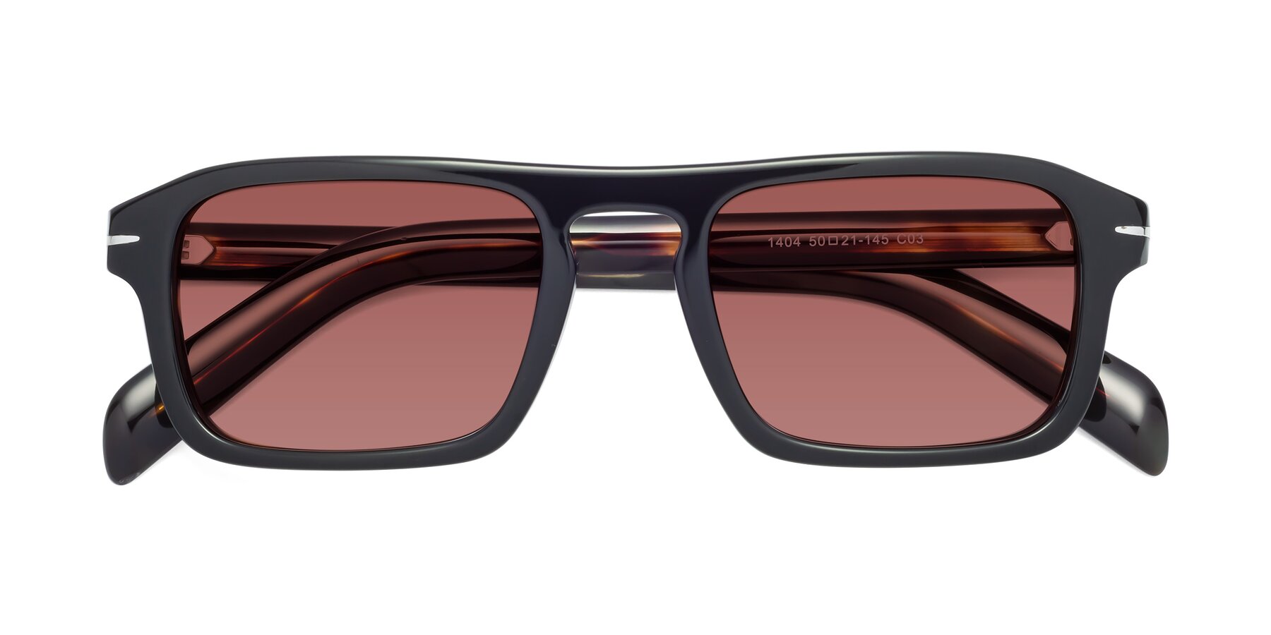 Folded Front of Evette in Black-Tortoise with Garnet Tinted Lenses