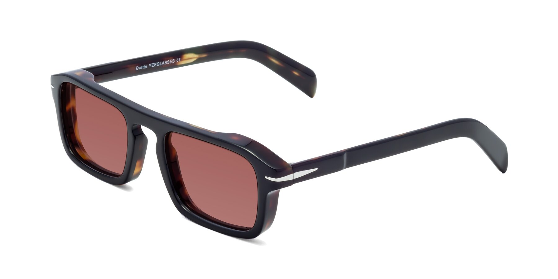 Angle of Evette in Black-Tortoise with Garnet Tinted Lenses