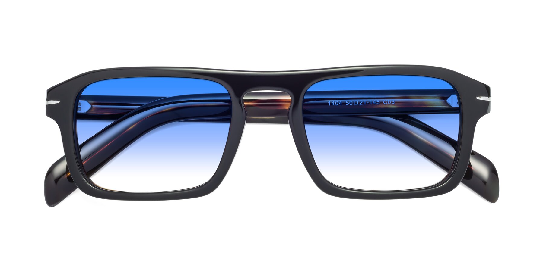 Folded Front of Evette in Black-Tortoise with Blue Gradient Lenses