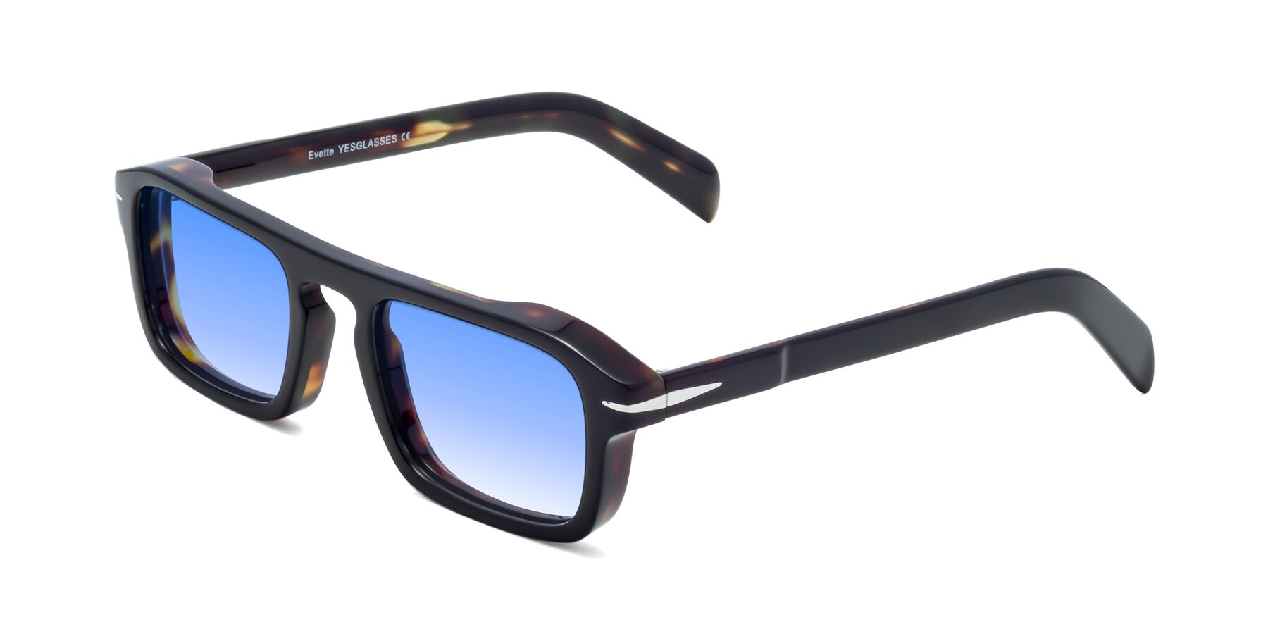 Angle of Evette in Black-Tortoise with Blue Gradient Lenses