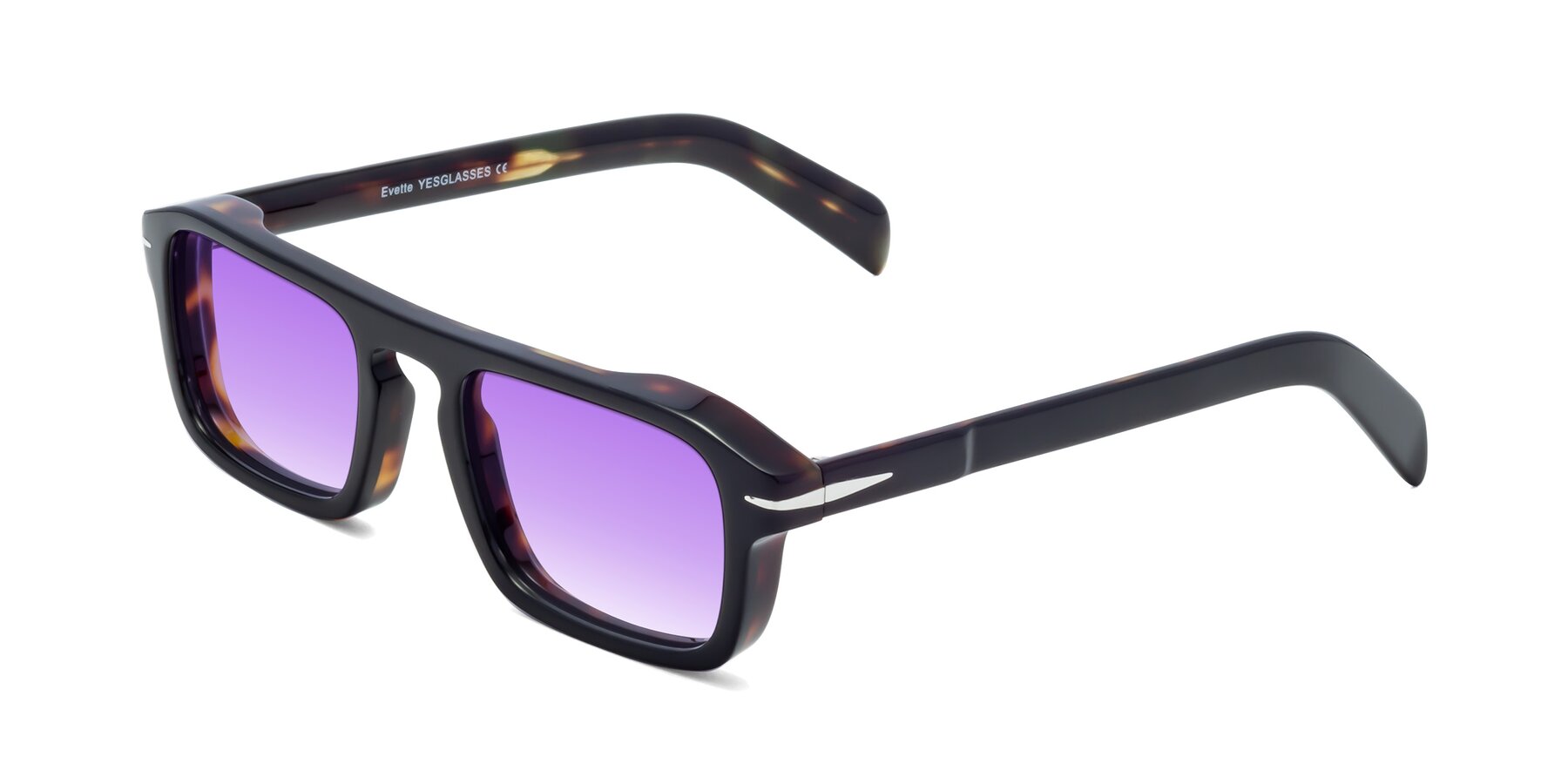 Angle of Evette in Black-Tortoise with Purple Gradient Lenses