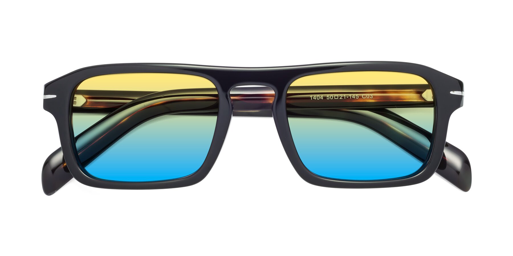 Folded Front of Evette in Black-Tortoise with Yellow / Blue Gradient Lenses