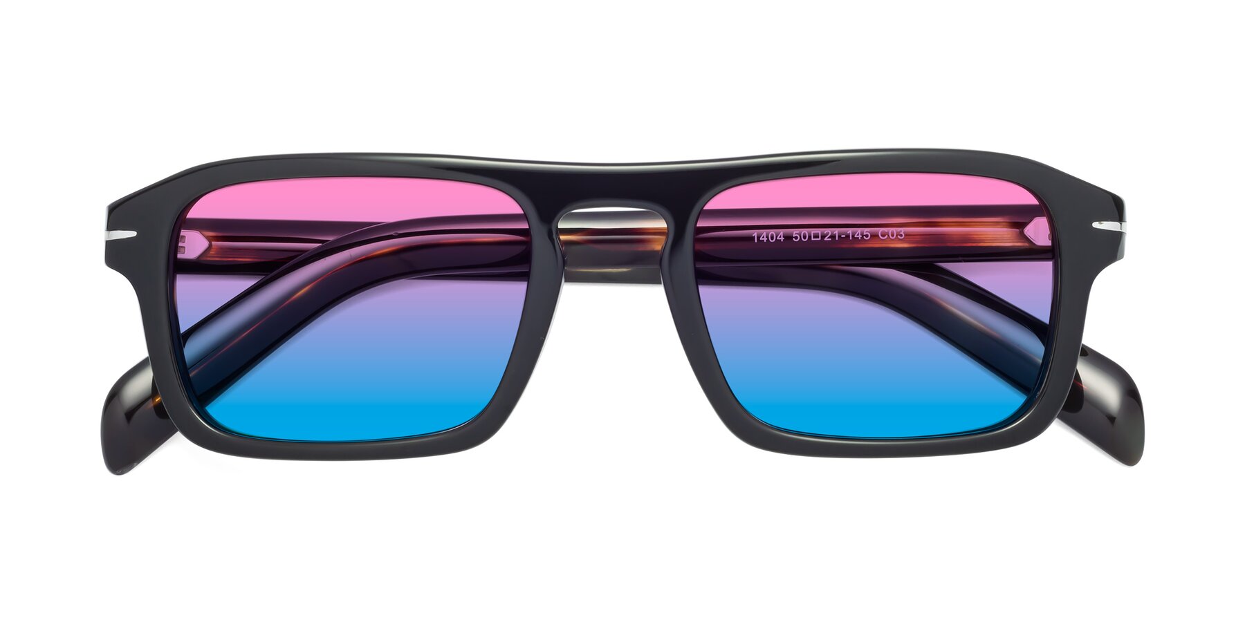 Folded Front of Evette in Black-Tortoise with Pink / Blue Gradient Lenses