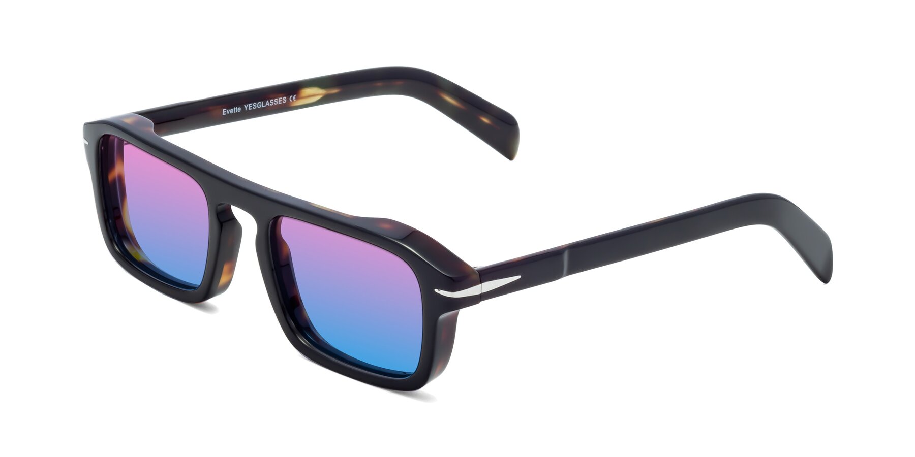 Angle of Evette in Black-Tortoise with Pink / Blue Gradient Lenses