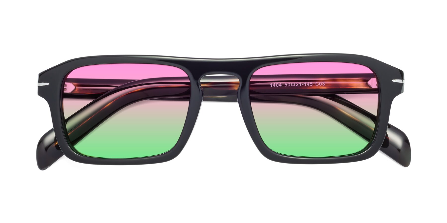 Folded Front of Evette in Black-Tortoise with Pink / Green Gradient Lenses