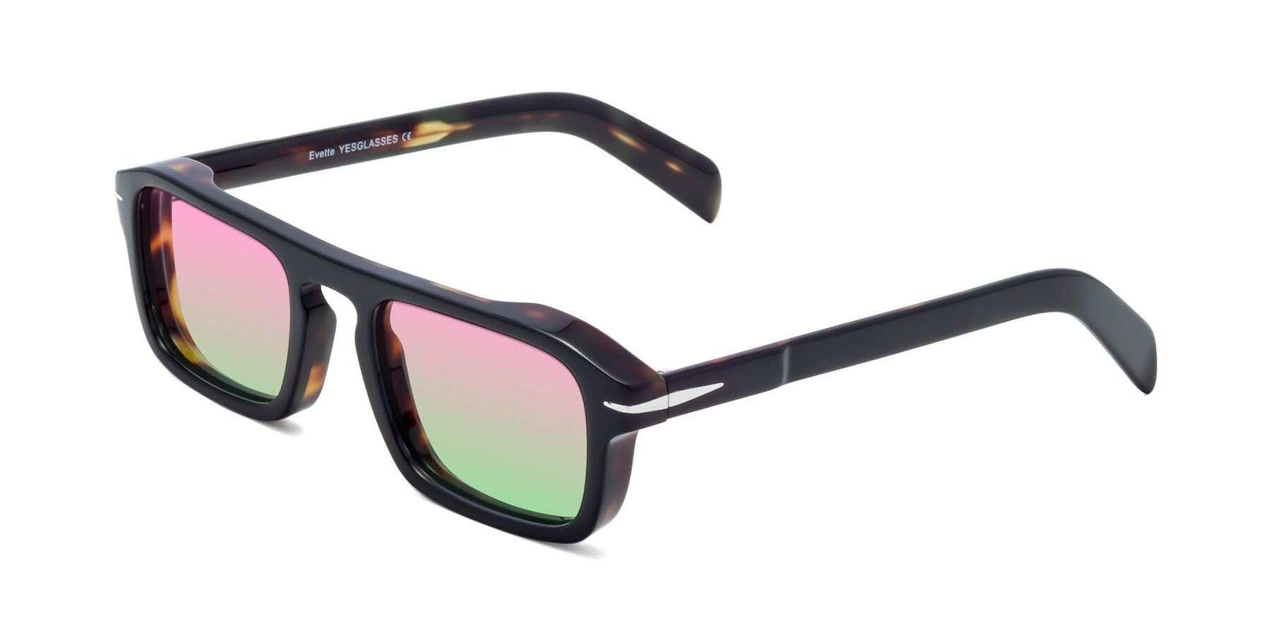 Angle of Evette in Black-Tortoise with Pink / Green Gradient Lenses