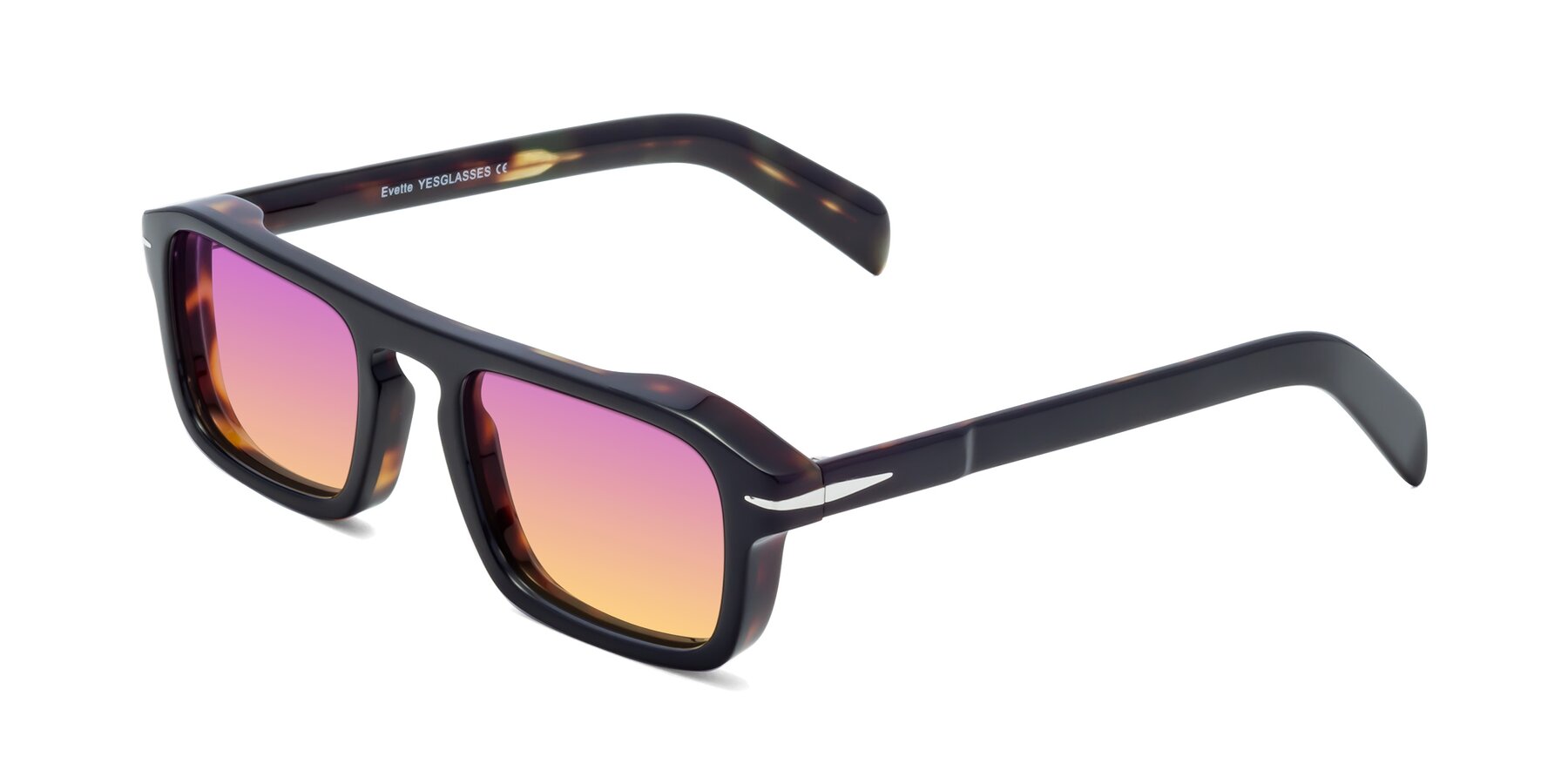 Angle of Evette in Black-Tortoise with Purple / Yellow Gradient Lenses