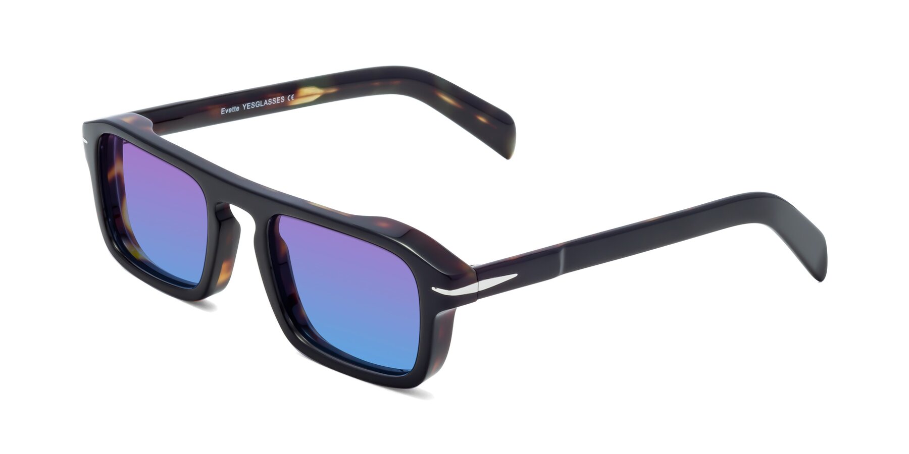 Angle of Evette in Black-Tortoise with Purple / Blue Gradient Lenses