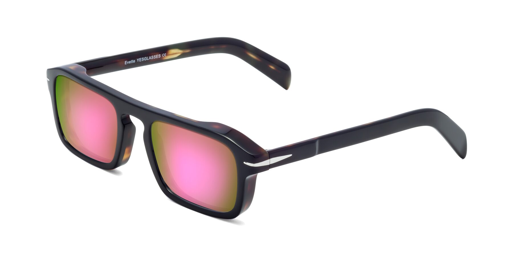 Angle of Evette in Black-Tortoise with Pink Mirrored Lenses