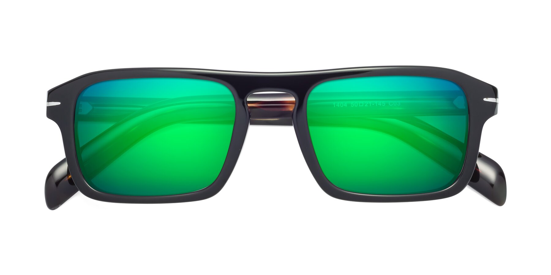 Folded Front of Evette in Black-Tortoise with Green Mirrored Lenses