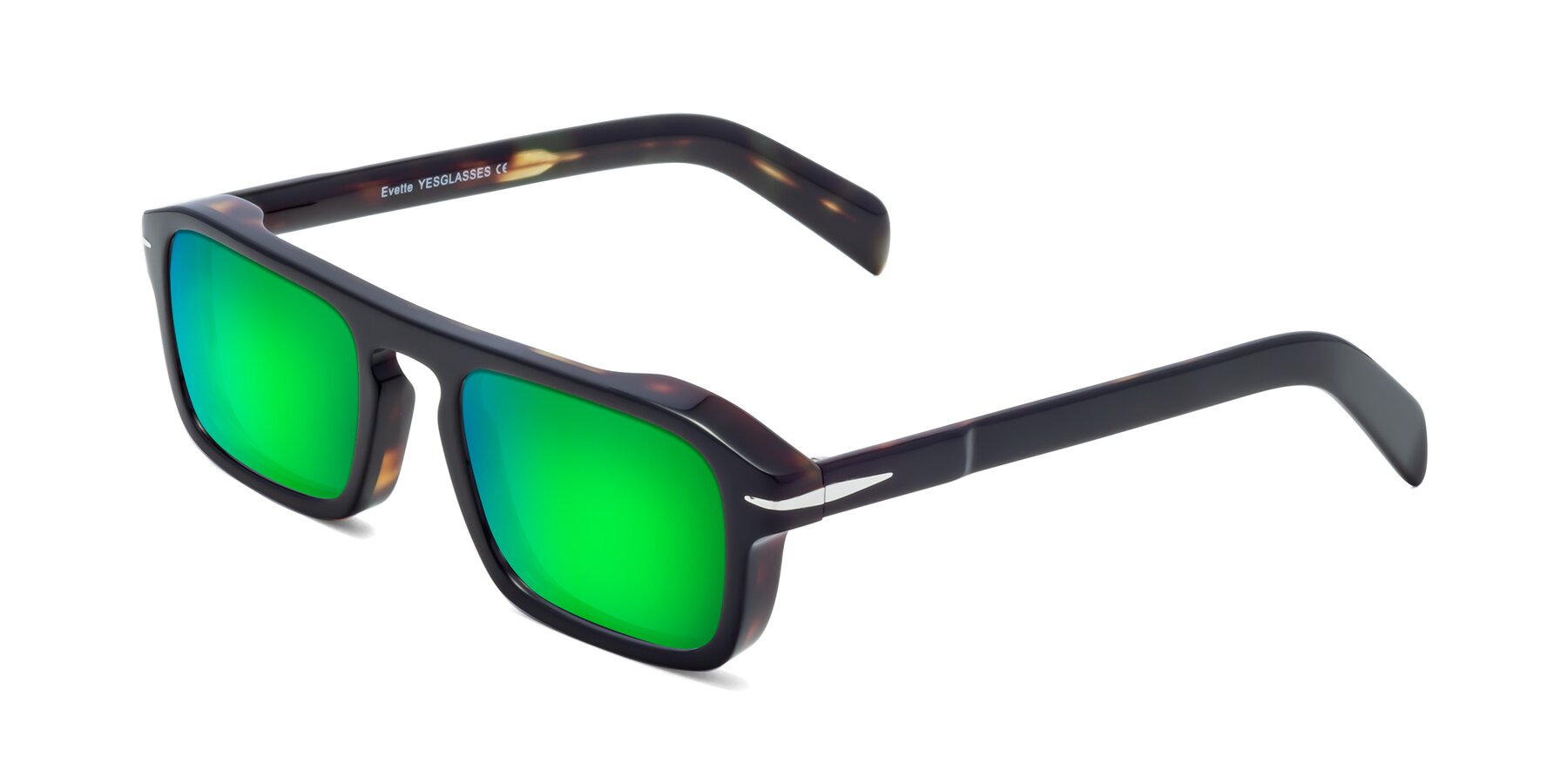 Angle of Evette in Black-Tortoise with Green Mirrored Lenses