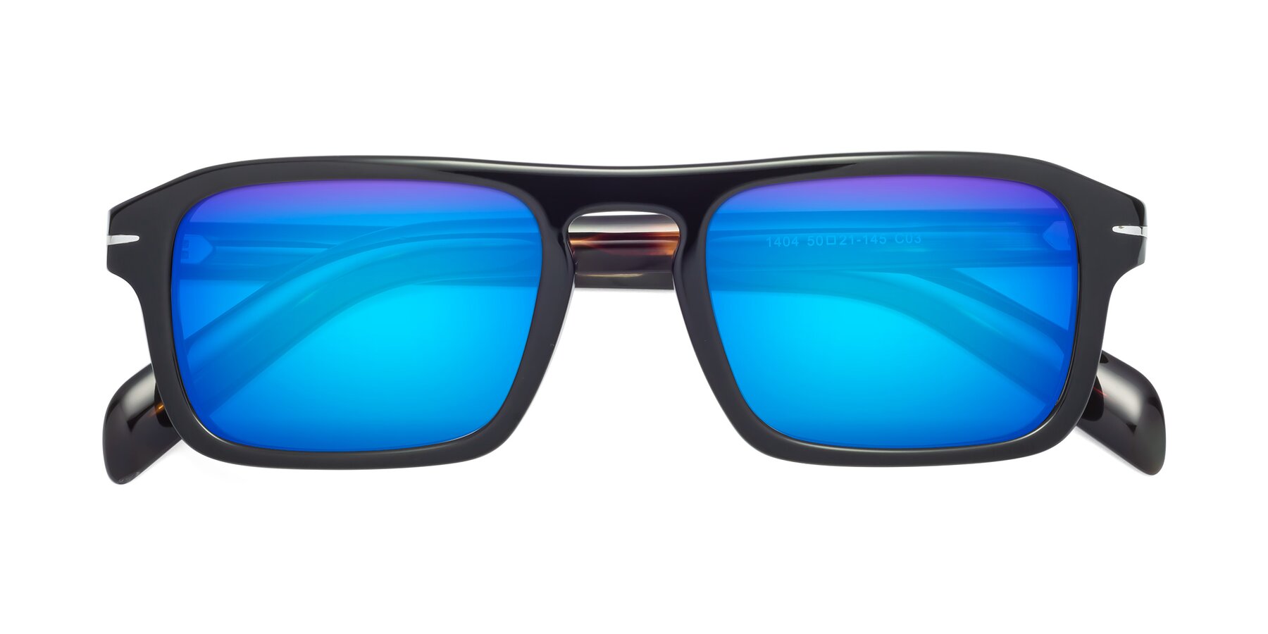 Folded Front of Evette in Black-Tortoise with Blue Mirrored Lenses