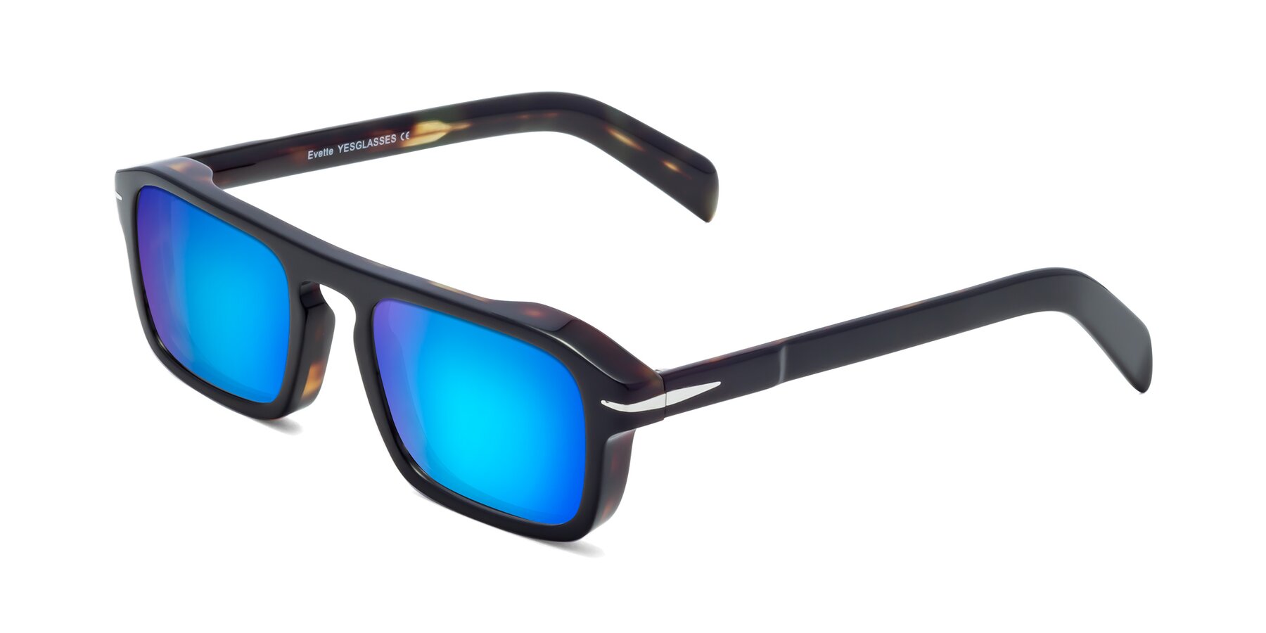 Angle of Evette in Black-Tortoise with Blue Mirrored Lenses