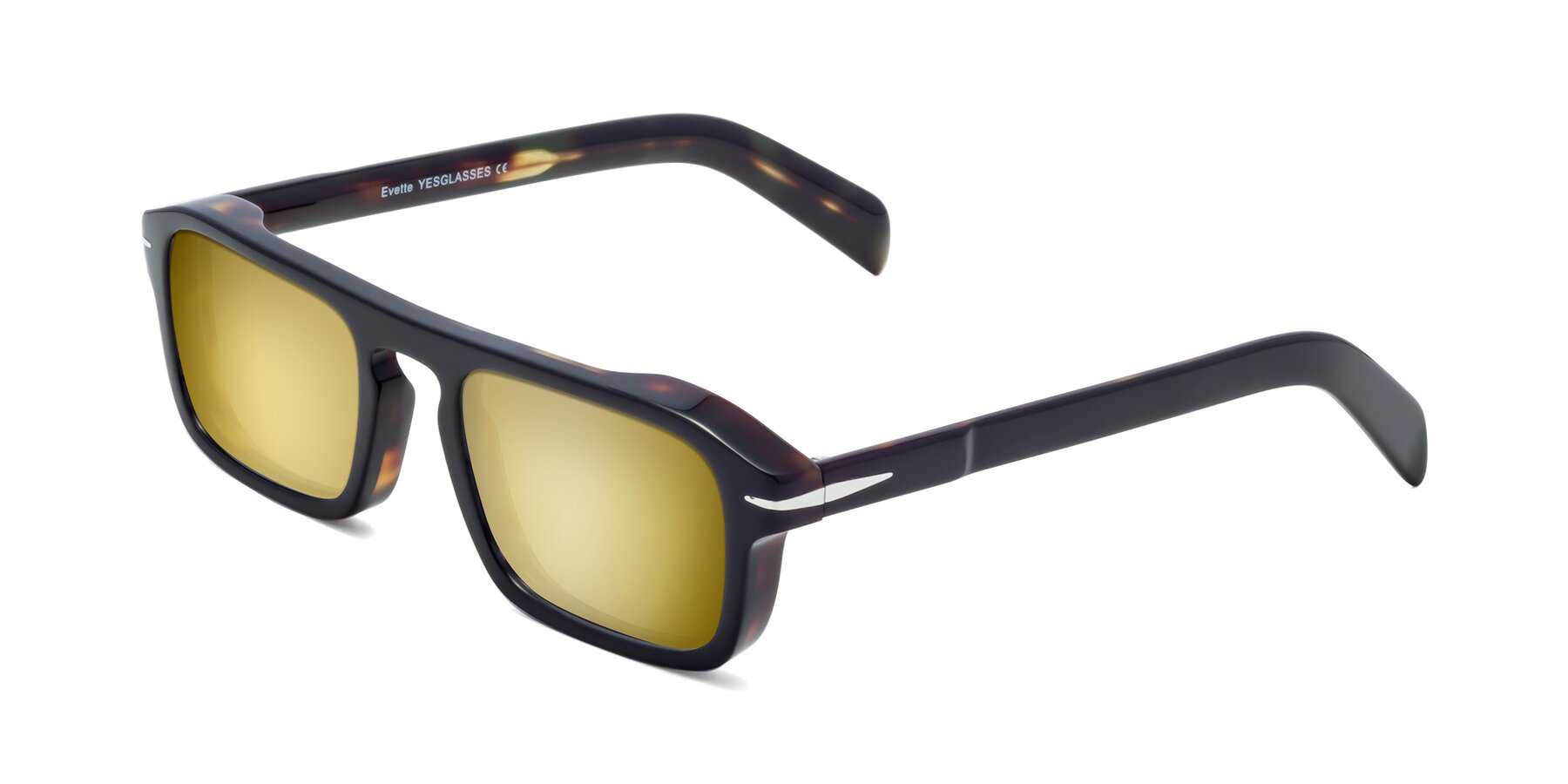 Angle of Evette in Black-Tortoise with Gold Mirrored Lenses