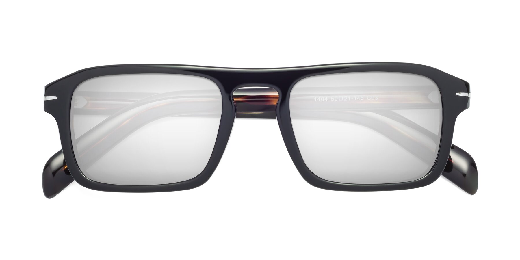 Folded Front of Evette in Black-Tortoise with Silver Mirrored Lenses